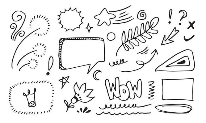 Hand drawn set elements, black on white background.Arrow, heart, love, star, leaf, circle, light, flower, crown,Swishes, swoops, emphasis ,swirl ,speech bubble for concept design.