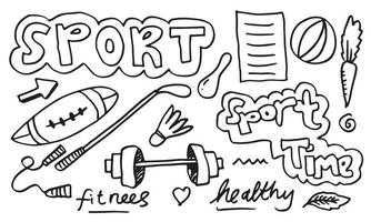 Set of hand drawn sports doodles with ball, golf club, fitness and gym elements.