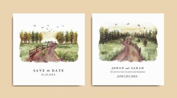 Watercolor wedding invitation of morning nature landscape with road and fence vector