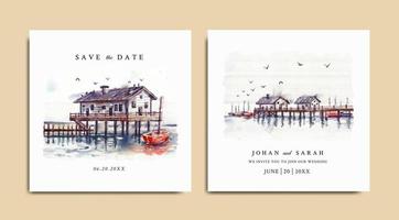 Wedding invitation of nature landscape with house and harbor view watercolor vector