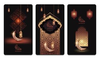 Eid Mubarak social media stories template with dark orange background vector