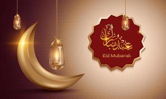 Eid Mubarak islamic design crescent moon and arabic calligraphy vector