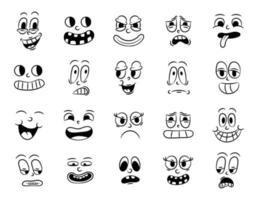 colección de viejas animaciones de dibujos animados tradicionales retro. caras antiguas de personas con diferentes emociones de los años 20 y 30. expresiones de caracteres emoji 50s 60s. la cabeza se enfrenta a elementos de diseño en estilo cómico vector