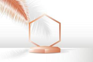 Rose Gold Palm Leaf Hexagon Podium Minimalist Blank Display Scene with White Background for  Product Showcase. Vector Illustration