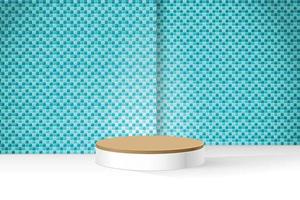 Turquoise mosaic tiles wall background scene blank presentation display template with white floor and round pedestal podium for bath and beauty products. Vector Illustration