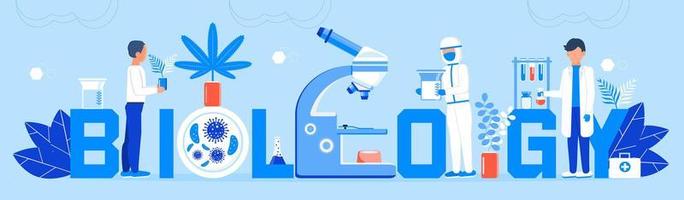 Biology online learning concept. Biological technology, biotechnology science vector. Tiny scientists study microorganisms in microscope. Medical research illustration for homepage vector