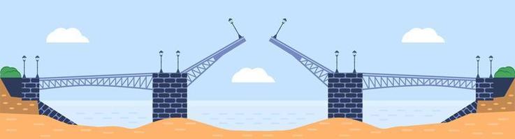 Ilustración de vector de puente. elemento de arquitectura de la ciudad con cables, autopistas y construcción de puentes a través del río con calzada aislada y faroles en un paisaje colorido