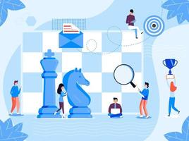 Chess game concept vector. People work. Business, marketing strategy illustration. Successful teamwork and competition scene. Tiny people play with Queen, Knight vector