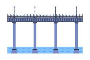 Bridge vector illustration. City architecture element with cables, freeway and bridge-construction across the river with carriageway isolated and lanterns on colourful landscape