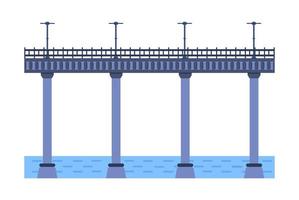 Ilustración de vector de puente. elemento de arquitectura de la ciudad con cables, autopistas y construcción de puentes a través del río con calzada aislada y faroles en un paisaje colorido