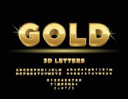 Letras, números y símbolos del alfabeto de oro 3d. fuente 3d abc de la a a la z dorado alfabetos letras fuentes doradas negrita barra de oro fuente tipo de letra vector