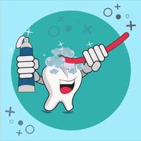 Smiling tooth brushing itself. Cartoon vector illustration