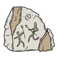 A stone with a cave painting, image of Neanderthals and primitive people. Hunters with spears in the Stone Age vector illustration in doodle sketch style. Parietal Petroglyphic art