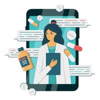 Online doctor woman in smartphone, disease chat, vector illustration in flat style. Consultation with a therapist on the Internet