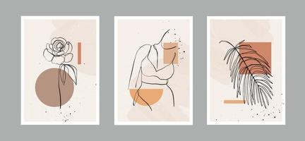 Línea abstracta moderna caras de mujeres minimalistas, flores, hojas y fondo artístico con diferentes formas para la decoración de paredes, diseño de portada de postales o folletos. diseño vectorial vector