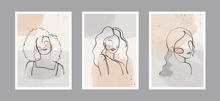 Línea abstracta moderna caras de mujeres minimalistas y antecedentes artísticos con diferentes formas para la decoración de paredes, diseño de portada de postales o folletos. diseño vectorial vector