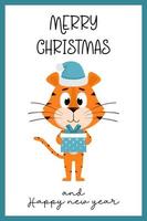 A cute cartoon tiger in a blue Santa Claus hat stands and holds a gift box with a bow. A greeting card with the inscription Merry Christmas and happy New Year. Color vector illustration on white.