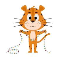 The tiger holds a garland in its paws. Cute cartoon character. The tiger is the symbol of the year 2022. Vector illustration for children. Isolated on a white background
