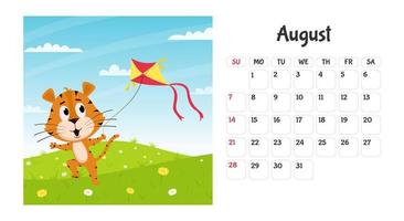 Horizontal desktop calendar page template for August 2022 with a cartoon tiger symbol of the Chinese year. The week starts on Sunday. Tiger launches a kite vector