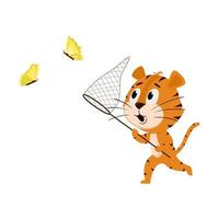 Tiger runs with a net, catches butterflies. Cute cartoon character. The tiger is the symbol of the year 2022. Vector illustration for children. Isolated on a white background