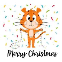 A cute cartoon tiger holds a garland in its paws. Surrounded by colored streamers and confetti. A Christmas card with an adorable character. Color vector illustration isolated on a white background.