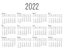 Calendar for 2022. The week starts on Sunday. All months. Calendar template design. Vector. vector