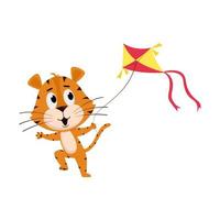 A tiger runs with a kite. Cute cartoon character. The tiger is the symbol of the year 2022. Vector illustration for children. Isolated on a white background