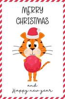 A cute cartoon tiger in a Santa Claus hat stands and holds a round red Christmas tree toy.A greeting card. Merry Christmas and happy New Year. Color vector illustration isolated on a white background.