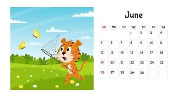Horizontal desktop calendar page template for June 2022 with a cartoon tiger symbol of the Chinese year. The week starts on Sunday. Tiger catches butterflies with a net. vector