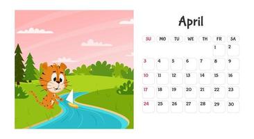 Horizontal desktop calendar page template for April 2022 with a cartoon tiger symbol of the Chinese year. The week starts on Sunday. Tiger launches a boat on the stream vector