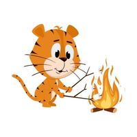 Tiger roasts marshmallows on a wood fire. Cute cartoon character. The tiger is the symbol of the year 2022. Vector illustration for children. Isolated on a white background