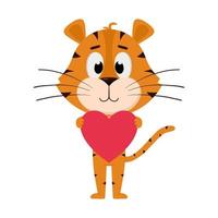 The tiger embraces, holds the heart in its paws. Cute cartoon character. The tiger is the symbol of the year 2022. Vector illustration for children. Isolated on a white background