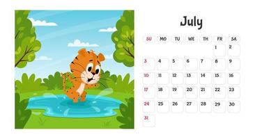 Horizontal desktop calendar page template for July 2022 with a cartoon tiger symbol of the Chinese year. The week starts on Sunday. Tiger jumps in the lake, swims.