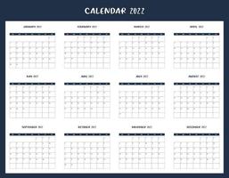 Calendar for 2022. The week starts on Sunday. All months. Calendar template design. Vector. vector