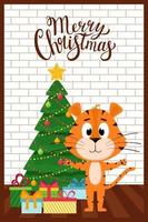 Christmas greeting card with a tiger, a Christmas tree and gift boxes on the background of a brick wall. Cute cartoon character tiger is a symbol of the Chinese New year. Color vector illustration.