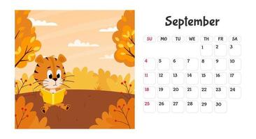 Horizontal desktop calendar page template for September 2022 with a cartoon Chinese year symbol. The week starts on Sunday. Tiger reads a book under a tree. vector