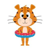 el tigre weba se para con un aro salvavidas inflable. lindo personaje de dibujos animados. el tigre es el símbolo del año 2022. ilustración vectorial para niños. Aislado en un fondo blanco vector