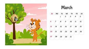 Horizontal desktop calendar page template for March 2022 with a cartoon tiger symbol of the Chinese year. The week starts on Sunday. A tiger feeds a bird in a tree vector