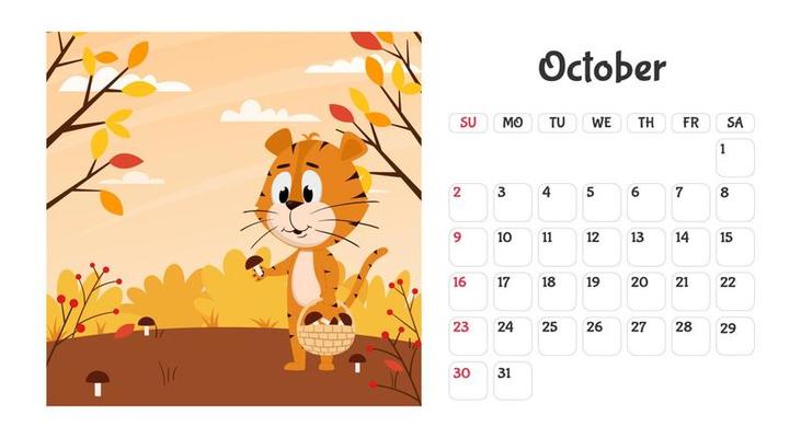Horizontal desktop calendar page template for October 2022 with a cartoon Chinese year symbol. The week starts on Sunday. Tiger collects mushrooms in the forest