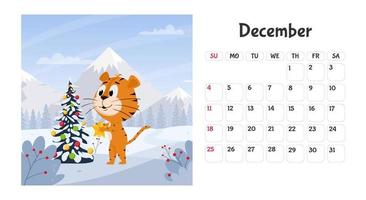 Horizontal desktop calendar page template for December 2022 with a cartoon Chinese year symbol. The week starts on Sunday. Tiger dresses up a Christmas tree in the forest vector