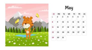 Horizontal desktop calendar page template for May 2022 with a cartoon tiger symbol of the Chinese year. The week starts on Sunday. Tiger sniffs daisies in the field vector