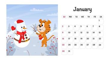 Horizontal desktop calendar page template for January 2022 with the Chinese year symbol cartoon tiger. The week starts on Sunday. Tiger makes a snowman vector