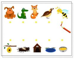 A puzzle game for children where is whose home. Guide the cartoon animals to their homes. Who lives where vector
