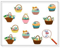 Children's logic game find the one of a kind. Easter egg baskets vector