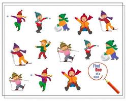 Cartoon illustration of the educational game Find a one of a kind picture with children playing winter games.