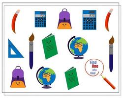 A puzzle game for kids find the one of a kind. Cute cartoon school supplies. vector