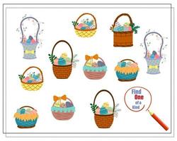 Childrens logic game find the one of a kind. Easter egg baskets. vector