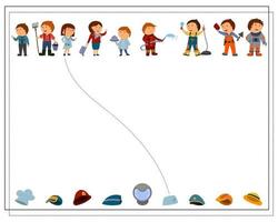 A logical game for children where whose hat, cartoon children of different professions. vector