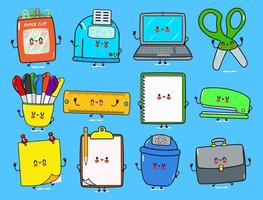 Funny happy work items characters bundle set. Vector hand drawn doodle. Ruler, Trash can, Stapler, Punch clock, Colored pens, Scissors, Laptop, Posted notes, Paper clip, Note pad, Work bag, Clip board