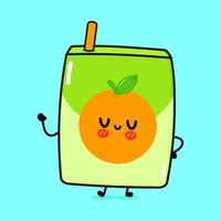 lindo y divertido jugo de naranja agitando el personaje de la mano. icono de ilustración de personaje kawaii de dibujos animados dibujados a mano vectorial. aislado sobre fondo azul. concepto de personaje de jugo de naranja vector